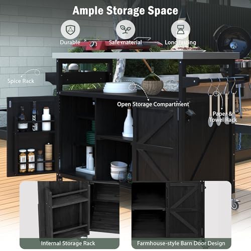 Merax 50" Outdoor Kitchen Grill Cart Island on Wheels with Stainless Steel Top,Farmhouse Style Solid Wood Frame Storage Cabinet for Party