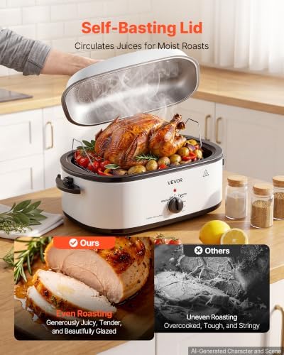 VEVOR Electric Roaster Oven, 18 Qt, Turkey Roasting Pan, White, Metal Lid