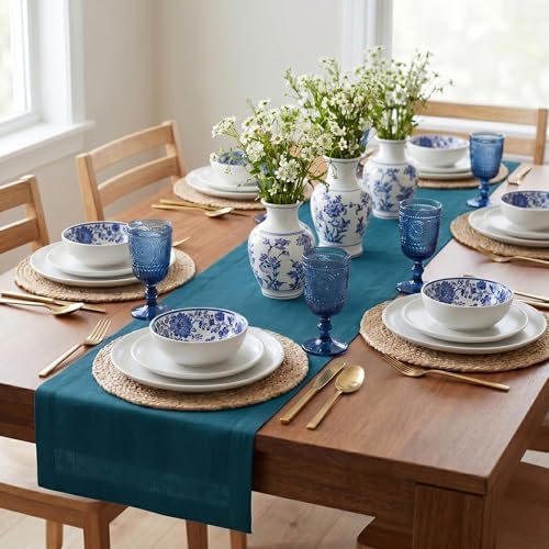 Solino Home 100% Pure Linen Table Runner Peacock Blue, Fete 14 x 120 in