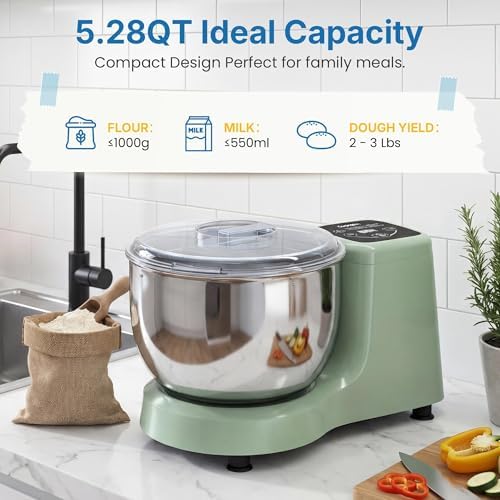 Electric Dough Mixer Maker, 5.3 QT Fermenting and Kneading Flour Mixer Machine with Stainless Steel Bowl & Time Control, Green Stand Mixer for Baking Bread Cake Pizza & Sourdough