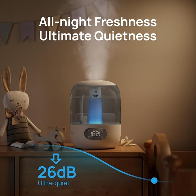 DREO Humidifiers for Bedroom, Cool Mist Ultrasonic Humidifiers with 30Hr Runtime, Top Fill 3L Tank, Easy Clean, Humidity Sensor, Night Light for Baby, Nursery, 360° Nozzle for Plants and Home, Grey