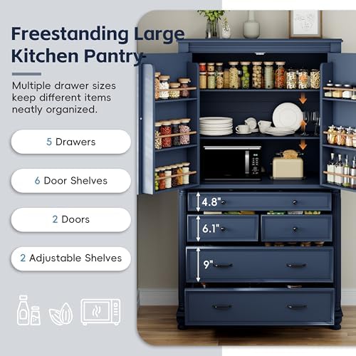 Merax 77" Tall Large Kitchen Pantry Storage Cabinet with 2 Doors & 2 Adjustable Shelves & 5 Drawers & 6 Side Door Shelves, Modern Freestanding Food Pantry for Dining Room, Living Room, Blue