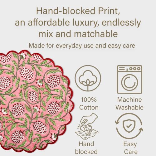 Ridhi Floral Block Print Round Placemats 15 Inch, Set of 4, Strawberry Pink