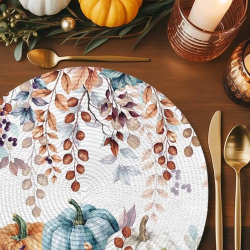 Fall Round Placemats Set of 6 Thanksgiving Teal Blue Pumpkin Place Mats Washable Woven Placemat Autumn Eucalyptus Leaves Circle Braided Table Mat for Kitchen Dining Table Holiday Party Decor 15 Inch