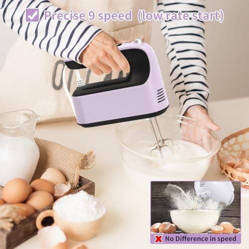 Yomelo 9-Speed Digital Hand Mixer Electric, 400W Powerful DC Motor, Hand Mixer Electric Handheld with Snap-On Storage Case, 5 Stainless Steel Accessories, Beaters, Dough Hooks, Whisk(Purple/Black)