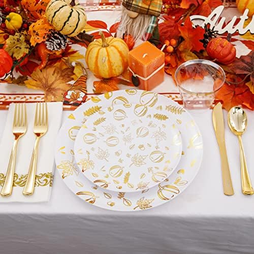 LIYH Gold Fall 175 Pcs Heavy Duty Plastic Thanksgiving Plates 25 Guests