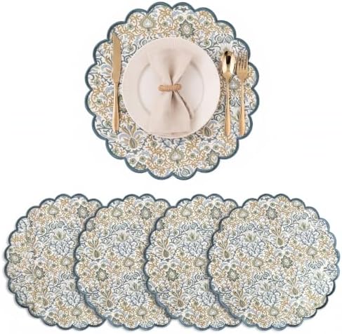 Ridhi Floral Block Print Round Placemats 15 Inch, Set of 4, Indigo