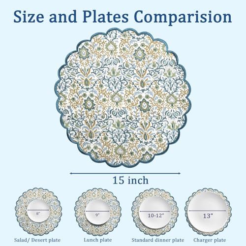 Ridhi Floral Block Print Round Placemats 15 Inch, Set of 4, Indigo