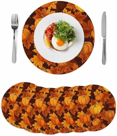 Fall Round Placemats Set of 6 Thanksgiving Orange Harvest Pumpkin Place Mats Washable Woven Placemat Autumn Maple Leaf Circle Braided Table Mat for Kitchen Dining Holiday Party Fall Decor 15 Inch