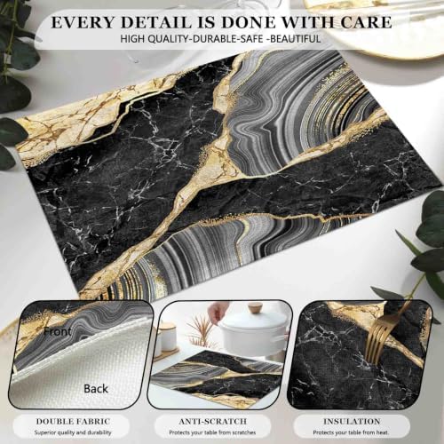 Mcalk Black Marble Table Runner and Placemats Set of 6 Pieces, Gold Marble Placemats, Modern Cloth Place Mats Indoor for Kitchen,Washable Linen Material for Dining Table
