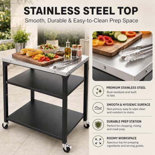 Hisencn 3-Shelf Pizza Oven Table with Lockable Wheels,31.5"L x 24"W