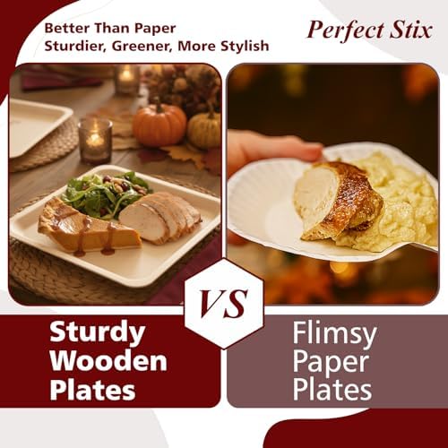 Perfect Stix Friendsgiving Plates and Napkins Set – 25 Large 10-Inch & 25 Small 7-Inch Eco-Friendly Wooden Plates with 50 Burgundy 2-Ply Dinner Napkins –Thanksgiving & Friendsgiving Gatherings