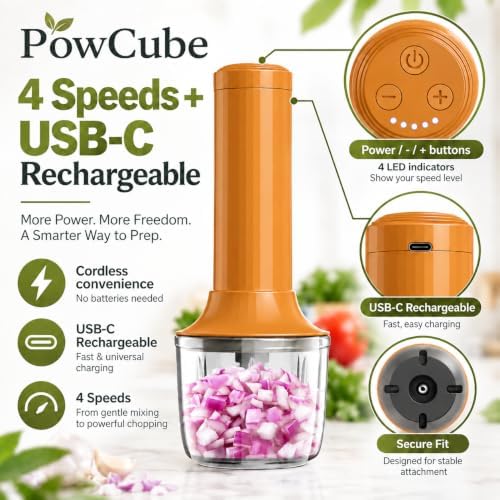 Cordless Hand Mixer, 4-in-1 Handheld Electric Mixer with Electric Whisk Frother & 10 oz Mini Food Chopper, USB-C Rechargeable 4-Speed Hand Mixer for Eggs, Cream, Coffee & Small-Batch Prep