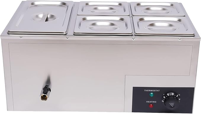 Commercial Bain Marie Food Warmer 5-Pan 600W Electric Countertop Food Warmer 20.2Qt(19L) Large Capacity Stainless Steel Steam Table for Restaurants, Snack Bars, Catering, Buffets