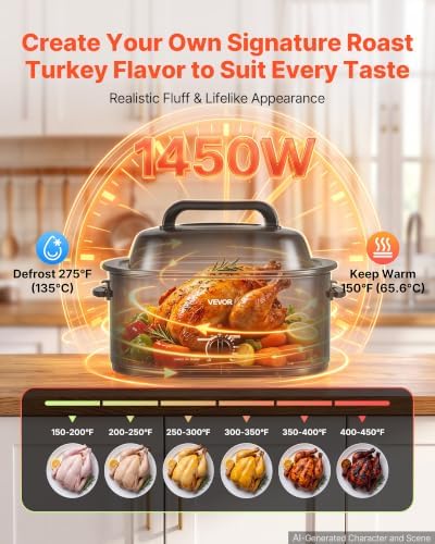 VEVOR Electric Roaster Oven, 26 Qt, Turkey Roasting Pan, Black, Viewing Lid