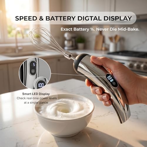 Mini Cordless Hand Mixer, 5-Speed Electric Whisk with Digital Display, USB-C Rechargeable & Silent, Portable for Drinks, Breakfast & Baking(Ivory)