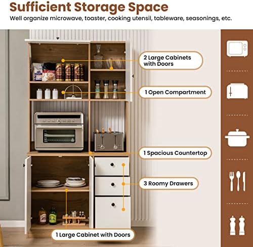 LOKO 71” Tall Kitchen Pantry Storage Cabinet with 3 Drawer, White & Natural