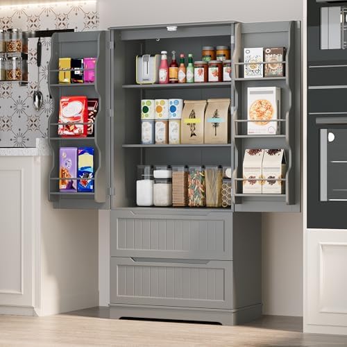 Gizoon 63" Kitchen Pantry Cabinet with Drawers for Dining Room, Gray