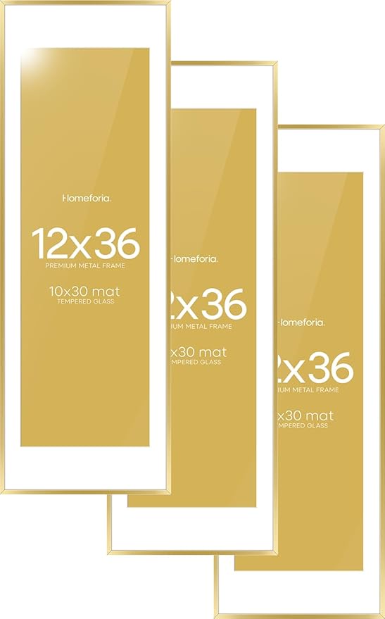 Homeforia 12x36 Picture Frame Gold, High End Metal 12x36 Poster Frames with Mat 10x30 inch Photo, 12 x 36 Gold Frames Matted to 10 by 30 Art, 36x12 Panoramic Frames, Tempered Glass, Wall Kit, Set of 3