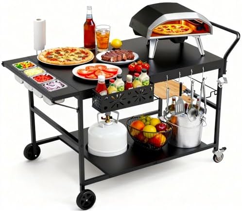47" Outdoor Pizza Oven Table with Wheels, Grill Cart Table for Outside with Propane Tank Holder, Heavy Duty Pizza Oven Stand Prep Table for BBQ Patio Backyard Cooking