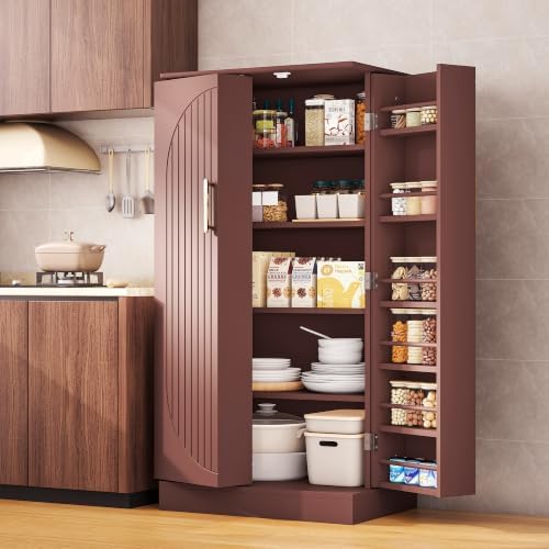 kepptory 47" Kitchen Pantry Cabinet, Freestanding Tall Storage Cabinet with Doors and Adjustable Shelves, Large Food Storage Organizer for Kitchen, Dining Room, Living Room, Farmhouse Cupboard, Brown