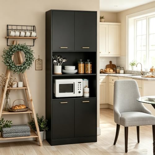 Keyluv 71" Kitchen Pantry Storage Cabinet, Kitchen Cabinet Hutch, Black