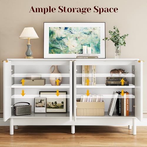 FansaFurn 50'' Buffet Cabinet with Fluted Door and Adjustable Shelves, Wood Credenzas Coffee Bar Cabinet with Edge Pull, Modern Sideboard for Kitchen, Dining Room, Living Room, White