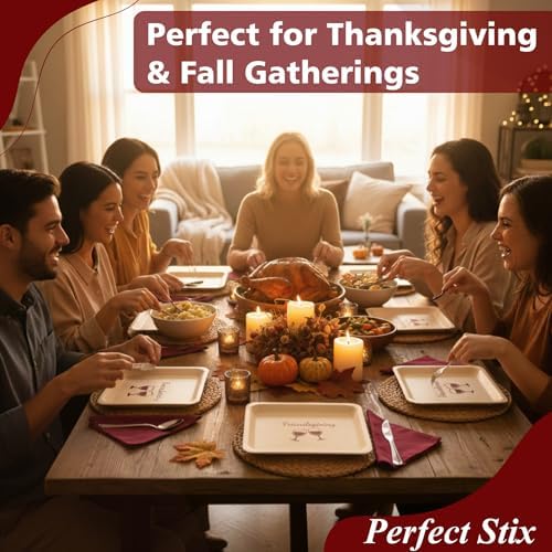 Perfect Stix 10-Inch Wooden Plates with “Friendsgiving” Printed in Burgundy – Eco-Friendly Biodegradable Disposable Dinner Plates – Fall Tableware for Thanksgiving & Friendsgiving Parties – Pack of 25