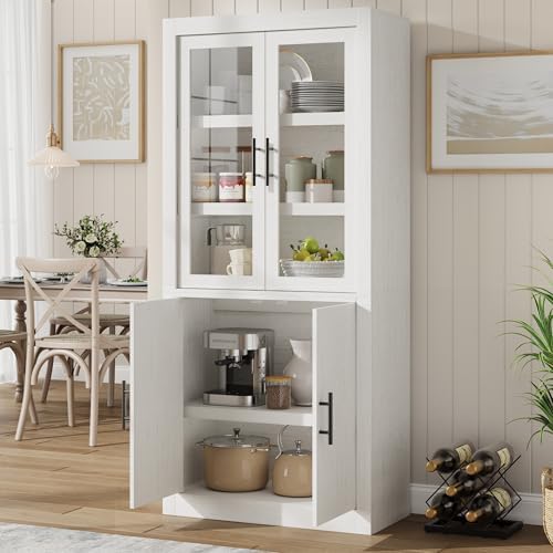 71" Tall Kitchen Pantry Cabinet, Farmhouse Kitchen Pantry Storage Cabinet with 4 Doors & Adjustable Shelves, Freestanding Wood Large Food Cupboard Cabinet for Dining,Living Room,Rustic White