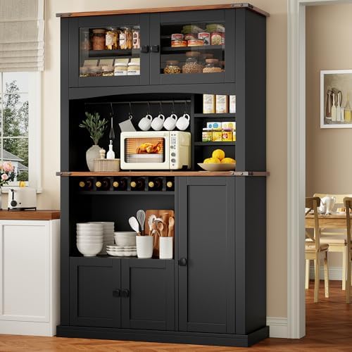 Einhomn 71" Tall Kitchen Pantry Cabinet with Charge Station, 3 Adjustable Shelves, Wine Rack and Glass Door, Kitchen Hutch for Dining Room, Kitchen and Living Room, Black
