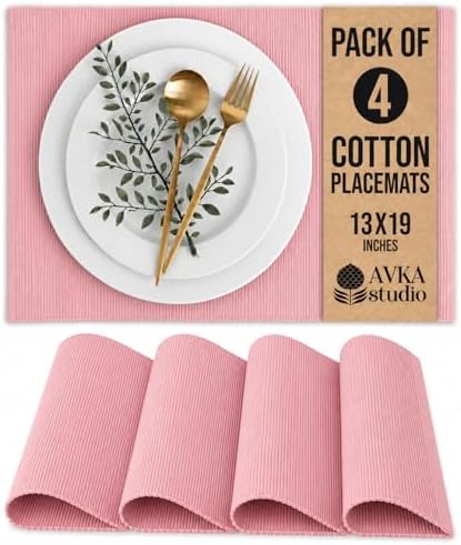 100% Cotton Ribbed Placemats - Set of 4-13 x 19 Inches - Dull Pink - Everyday Basic Cloth Table Mats - Thick Construction, Washable & Reusable Cloth Place Mats - by AVKA Studio