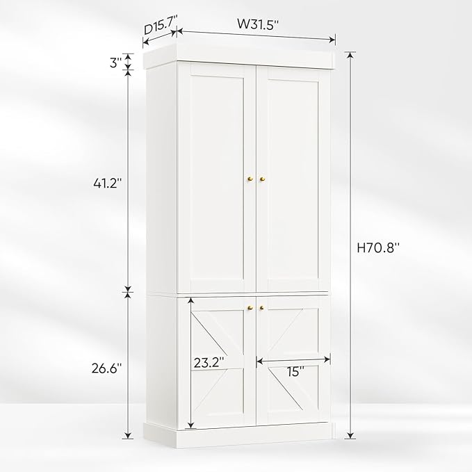 70.8" Tall Farmhouse Kitchen Pantry Cabinet with Doors, Modular Wooden Storage Hutch with 4-Tier Adjustable Shelves, White Buffet Cabinet for Kitchen and Living Room, Set of 3
