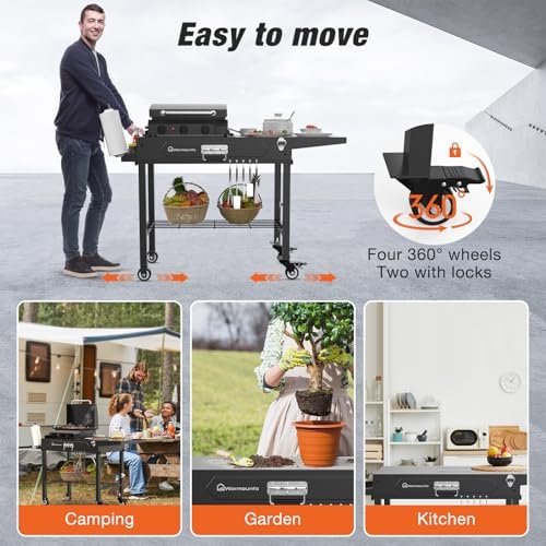 WARMOUNTS Foldable Grill Cart Outdoor with Wheels, Portable Outdoor Grill Table with Storage, Movable Stand Fits 17''/22'' Tabletop Grill, 400 Lbs Weight, for Camping, BBQ