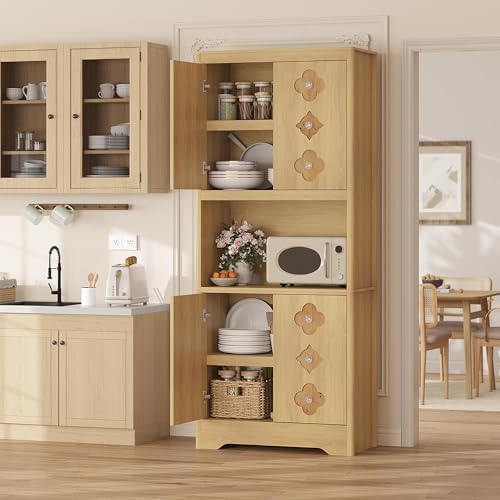 IDEALHOUSE Mid Century Modern Kitchen Pantry Cabinet, 72" Tall Storage Cabinet with Microwave Shelf, Wooden Freestand Cupboard with Carved Flower Door & Crystal Handle, for Dining Room