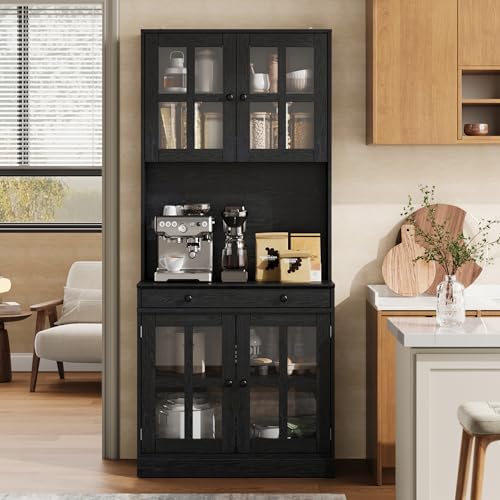 IDEAHOUSE 72" Kitchen Pantry Cabinet with Glass Doors & Drawer, Black