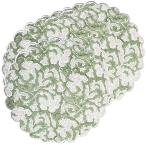 Ridhi Floral Block Print Round Placemats 15 Inch, Set of 4, Sage Green