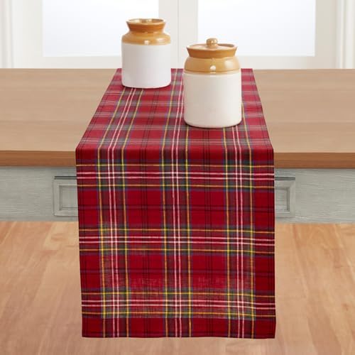 Solino Home 100% Linen Table Runner Red, Classic Tartan Plaid 14 x 90 in