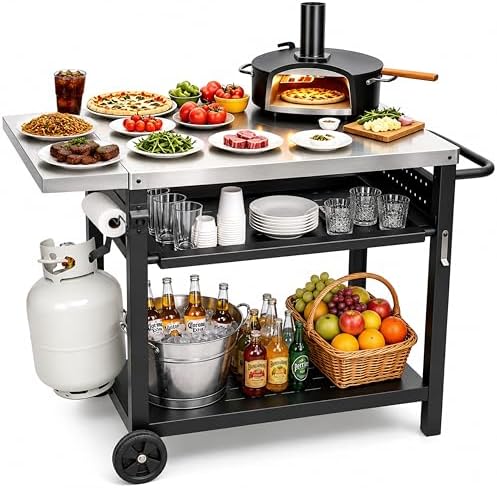 Outdoor Grill Cart for Blackstone/Ooni/Ninja, 43.3"x20" Stainless Steel Outdoor Grill Table with Propane Tank Mount & Wheels, Movable Outdoor Cooking Table with Storage for Pizza Oven, Patio, Camping
