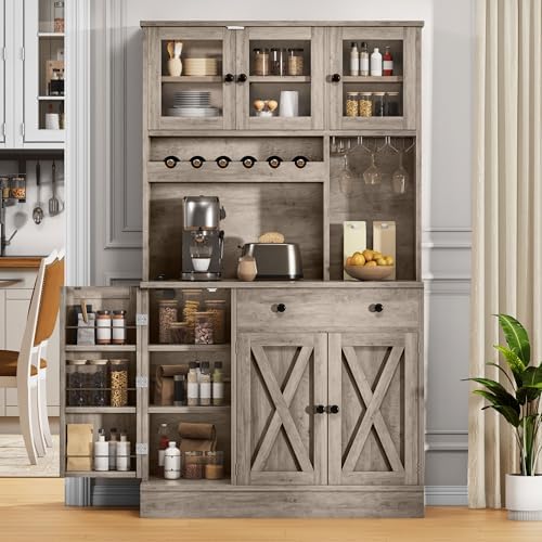 DWVO 71''H Pantry Cabinet with Drawer, Doors, Goblet Holder, Wine Rack for Storage, Pantry Cabinet with Power Outlet for Kitchen & Living Room (Grey Oak)