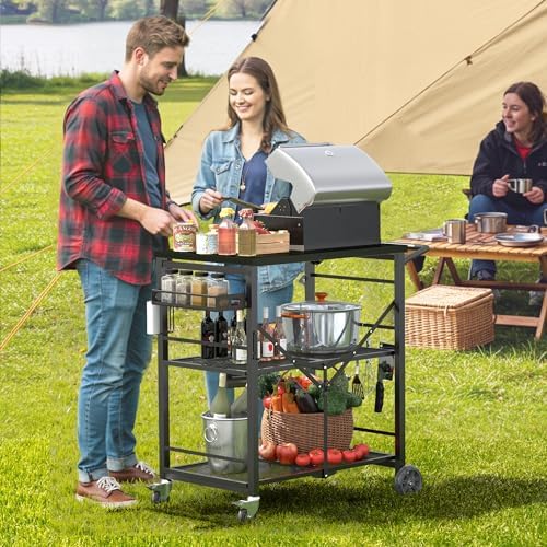 Ciokea Folding Outdoor Grill Cart with Wheels, All Black
