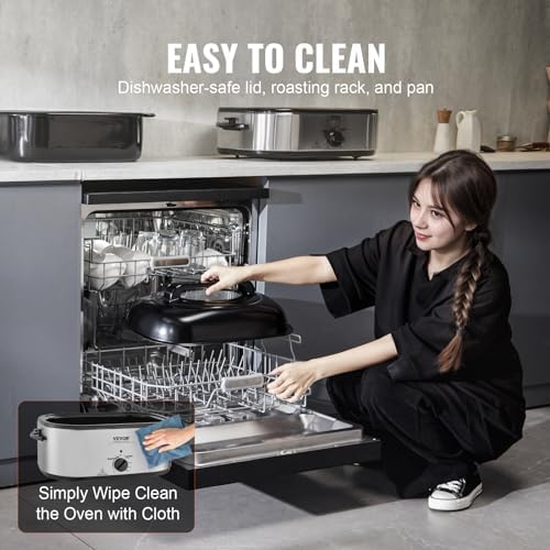 VEVOR Electric Roaster Oven with Defrost & Warm Function, 24 QT Turkey Roaster Oven with Self-Basting Lid, 1450W, Adjustable Temp, Removable Pan & Rack, Fits Turkeys Up to 28LBS, Silver