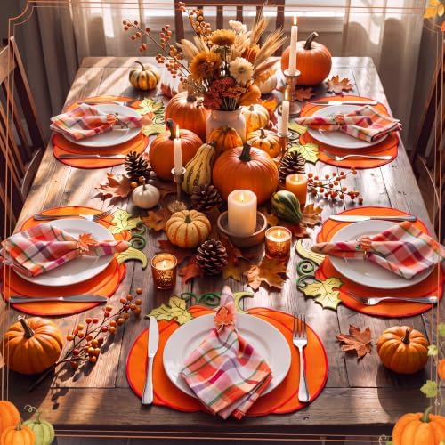 Havawish 18 Pcs 15'' Fall Placemats Pumpkin Napkins Rings Cloth Napkins