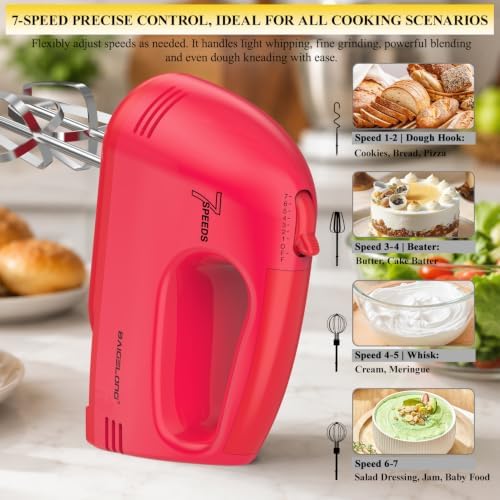 BAIGELONG Hand Mixer. 7-Speed Adjustable Kitchen Electric Mixer. With 5 Stainless Steel Attachments: 2 Hooks, 2 Beaters, 1 Whisk. Comes 1 Storage Box. Perfect for Bakers and New Starters, Red