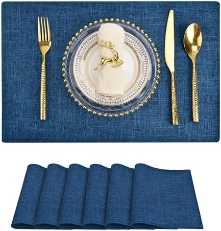 SLKQG Navy Linen Fabric Placemats Set of 6, Heat Resistant & Machine Washable Double-Layered Cloth Placemats for Dining Table, Indoor/Outdoor Use, Non-Slip Kitchen Table Mats (6, Navy)