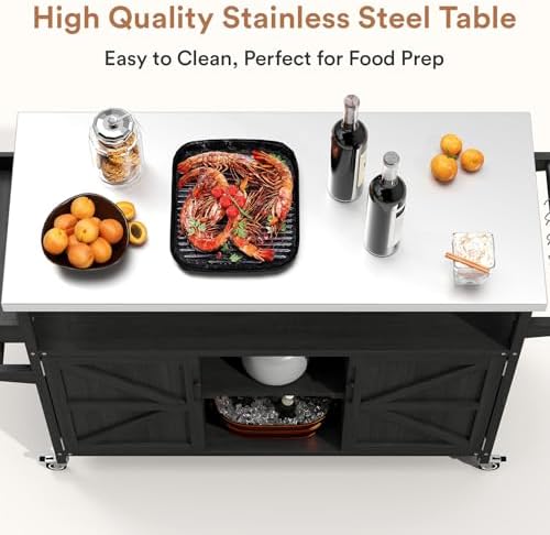 Zevemomo Outdoor Grill Cart with Storage, Lockable Casters, Black