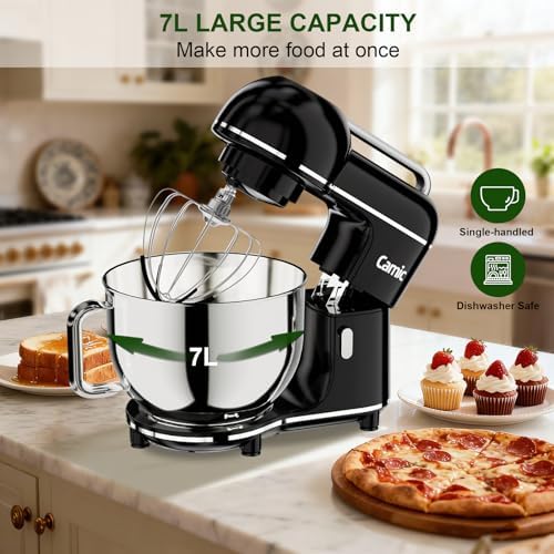 Camic 7.45 QT Tilt-Head Stand Mixer, Electric Mixer for Baking (Black)