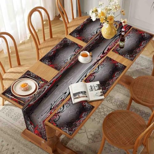 Mcalk Table Runner and Placemats Set of 6 Pieces,Mystic Gray Leaf Placemat,Cloth Place Mats Red Indoor for Kitchen,Washable Placemats Floral Print Linen Material for Dining Table