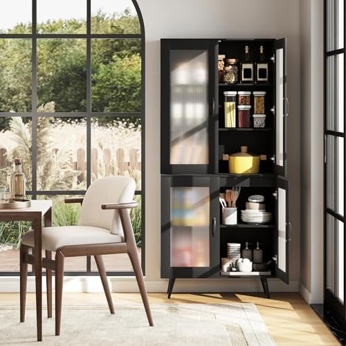 GIANTEX Kitchen Pantry Storage Cabinet, 70.5" Cupboard with 4 Transparent Doors, Adjustable Shelf & Metal Legs, Freestanding Tall Hutch Cabinet for Dining Room, Living Room, Office & Bathroom, Black