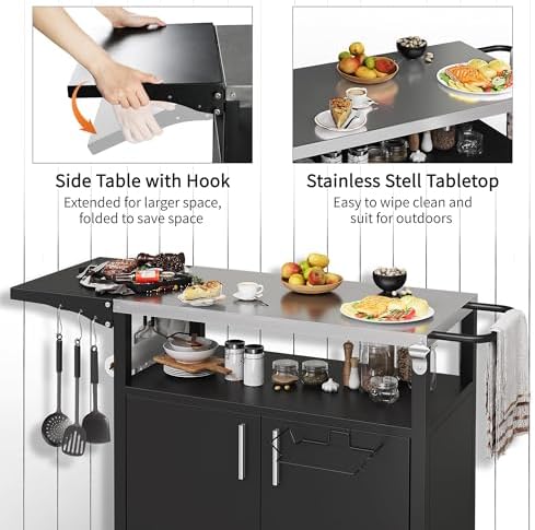 Shintenchi Outdoor Grill Cart Table with Stainless Steel Top,Black