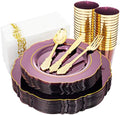 KIRE 210Pcs Purple Plastic Plates with Gold Rim& Silverware &Cups&Hand Napkin - Baroque Clear Plastic Dinnerware for Upscale Wedding/Parties Plates